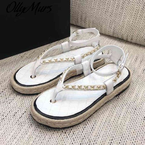 

70% off wholesale flip-flops ollymurs new white pink luxury leather sandals flats chain espadrilles women, Black
