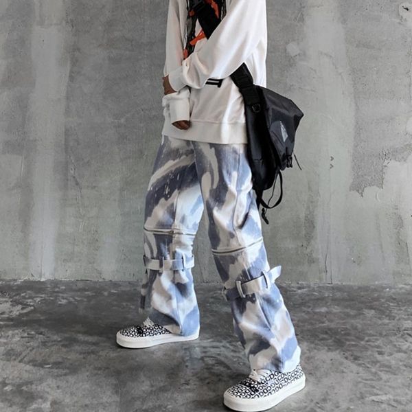 

high street fashion women pants hip hop punk style zippers loose tie dye printing grey and white women's & capris, Black;white