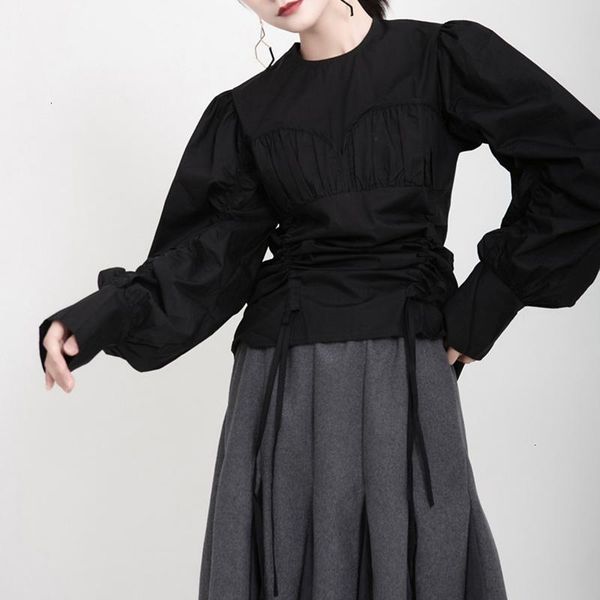 

[eam] women pleated drawstring blouse round neck long sleeve loose fit shirt fashion tide spring autumn 19a-a176, White