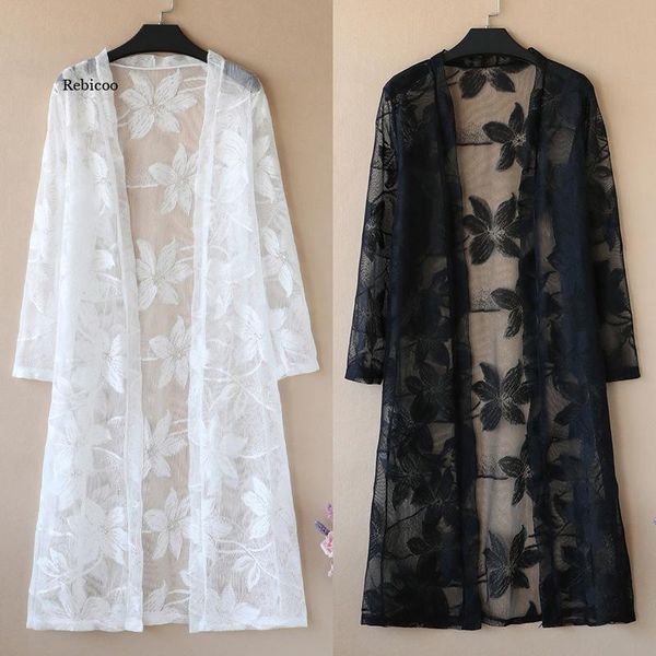 

women's jackets summer elegant long jacket coat womens vintage lace mesh beach sunscreen shirt coats female streetwear vestidos loose, Black;brown