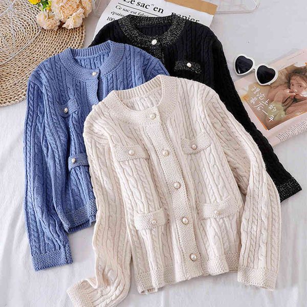 

women vintage solid knitted cardigan korean o neck loose long sleeve autumn winter pearl button casual cardigans 210419, White;black