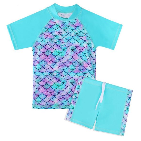 Baohulu Kurzarm Mädchen Badeanzug Cyan Scale Kinder Bademode Set Badeanzug UPF 50+ Strand Schwimmen für Kinder Sommer