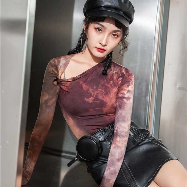 

women's t-shirt tie dye skew collar long sleeve tshirts bodycon ladies t shirt korean designer fall clothing laqo, White