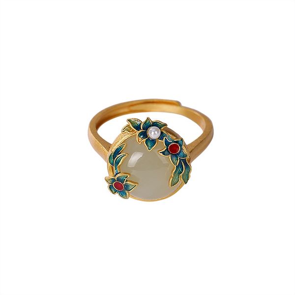 

baifuming s925 sterling silver gold-plated cloisonne hetian jade pearl ring vintage court flower ladies ring, Golden;silver
