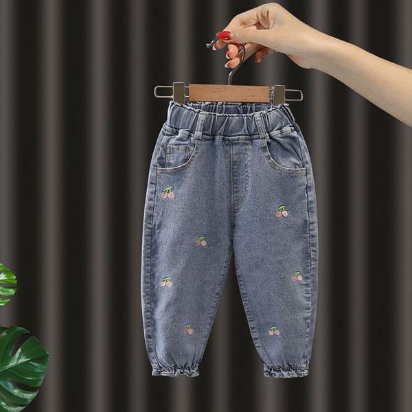 

jeans baby girls cherry embroidered denim pants spring autumn kids sweet casual elastic waist loose trousers, Blue
