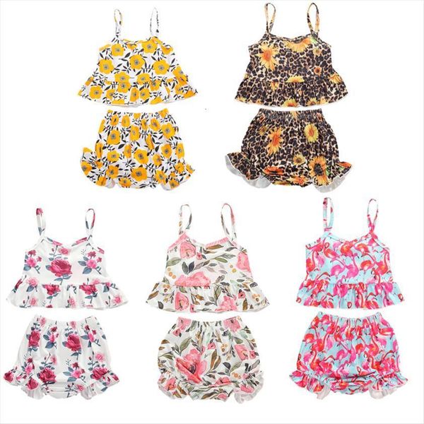 

0 4y summer holiday infant baby girls clothes sets flowers print ruffles sleeveless vest shorts 2pcs, White