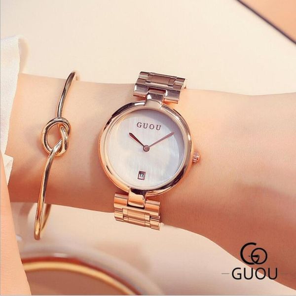 

wristwatches guou brand wrist watch women watches luxury rose gold women's full steel ladies auto date clock relogio feminino, Slivery;brown