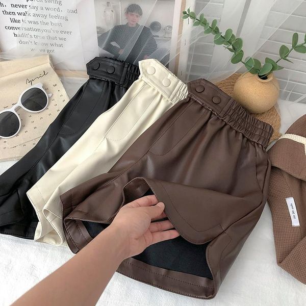 

women's shorts 2022 women elastic waist wide leg leather casual female loose pu faux short pant beige, White;black