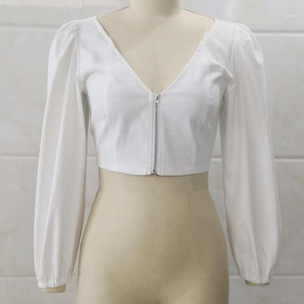 

women's blouses & shirts japan style blouse spring autumn korean fashion temperament loose casual zipper thin solid color v-neck puff s, White