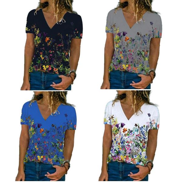

women's t-shirt summer women v-neck slim short sleeve temperament floral print pullover all-match lady t shirt, White