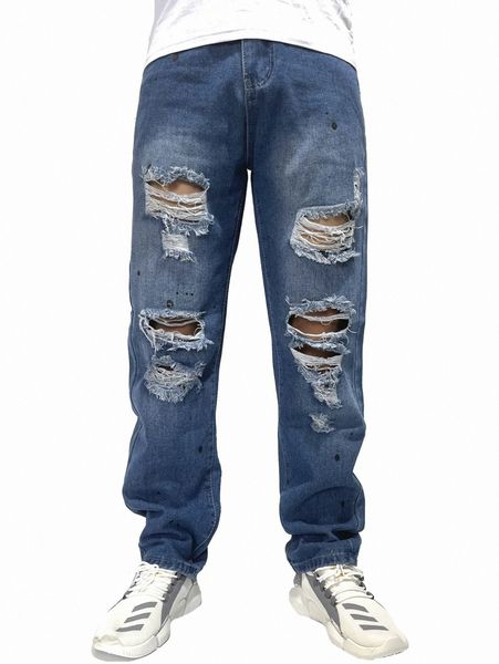 

romwe guys graphic print ripped jeans u3hk#, Blue