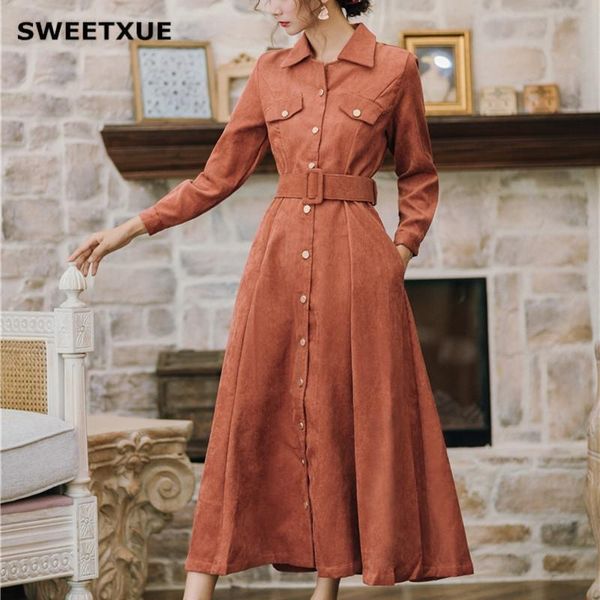 

casual dresses sweetxue vintage long dress elegant corduroy sleeve lapel single breasted pocket belt 2021 fall winter fashion, Black;gray