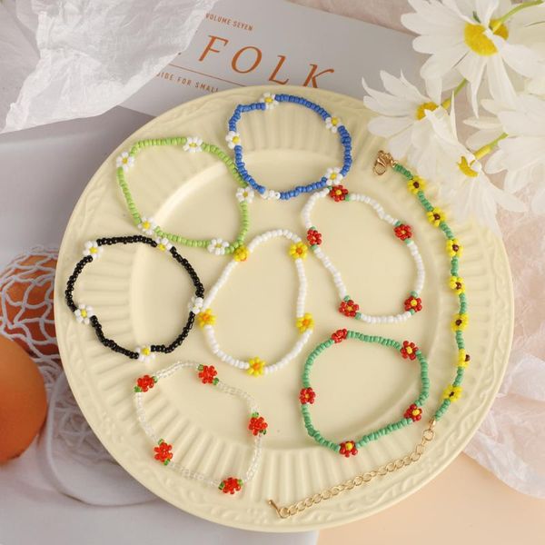

anklets flower anklet bracelet women 2021 fashion colorful seed beads chain charm on the leg boho jewelry, Red;blue