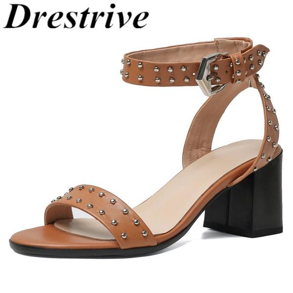 

drestrive women's sandals thick heels buckle rivet female high heel shoes black 2021 classics summer size 42 cow leather