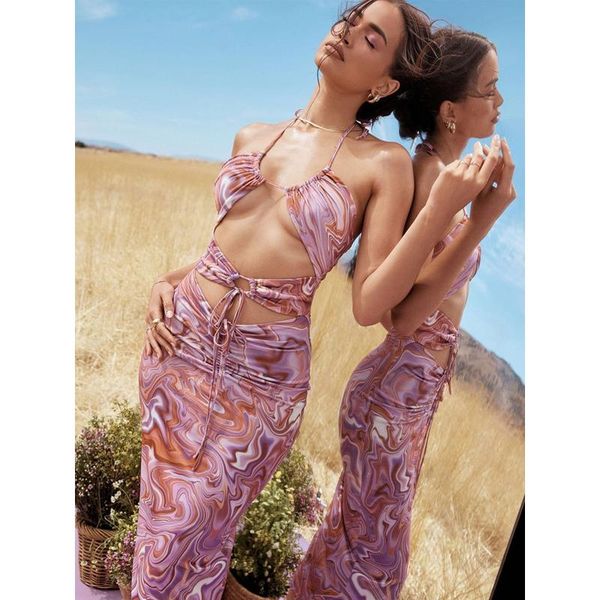 

women's swimwear women dress summer 2021 vintage clothing kawaii long set wear neck backless lace up print polyester sierra surfer sets, White;black