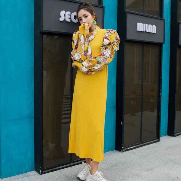 

2021 beginning spring new over-the-knee style long sleeves print high waist thin and versatile dress, Black;gray