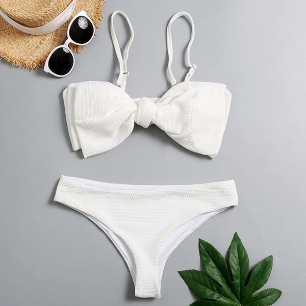 

women's swimwear summer soild color mid-waisted bikini sets swimsuit women bow-knot two pieces 2021 beach bathing suits #1g, White;black