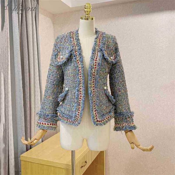 Sommer Damen Hohe Qualität V-Ausschnitt Tweed Jacke Fransen Perlenknöpfe Schlank Elegant Plaid Casaco Damen Top 210525