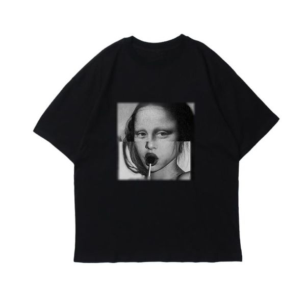 

men's t-shirts creative mona lisa splicing pattern fun hip-hop t-shirt cotton round neck short sleeve oversize fashion streetwear tee, White;black