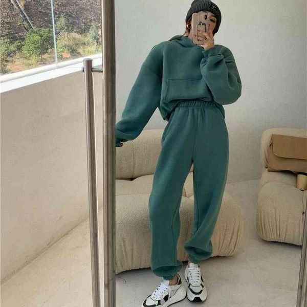 

spring women hoodies sweatshirt tracksuit fleece cotton 2 pieces sets pants suits 210707, White