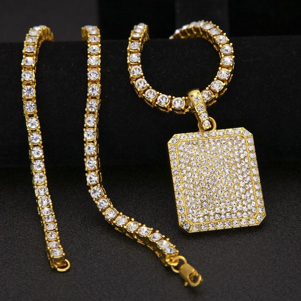 Collana Hip Hop da uomo, gioielli, moda, oro, catena ghiacciata, collane con ciondolo con targhetta per cani con strass