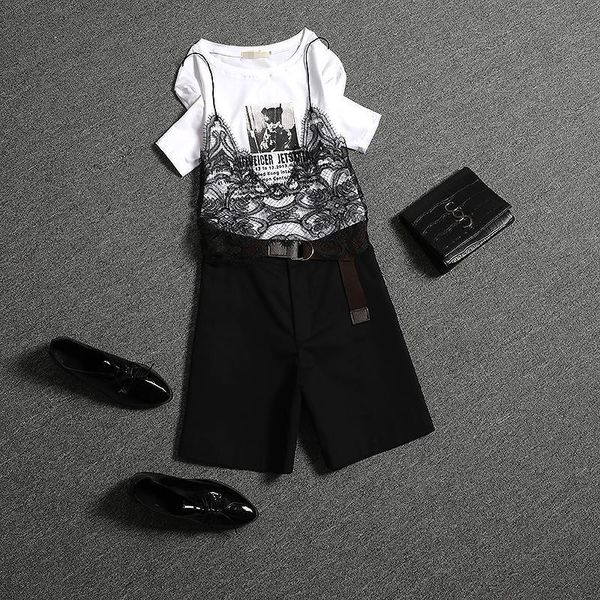 

women's two piece pants bring a belt xl summer casual lace patchwork printed ladies beautiful short sleeve t-shirt and shorts pant set, White