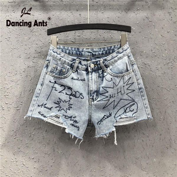 

women's jeans shortswoman high waist wide-leg print pants pockets casual female denim shorts fashion, Blue
