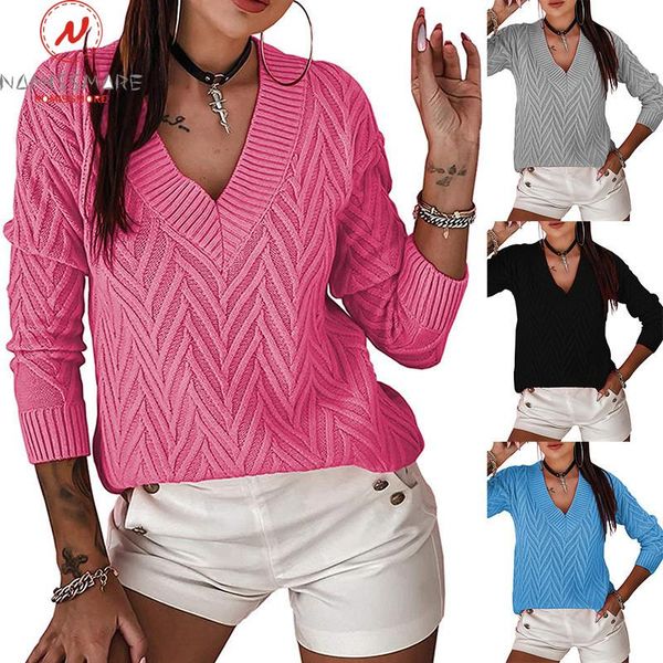 

women's sweaters fashion women solid color patchwork design v-neck long sleeve autumn winter casual knitted for streetwear, White;black