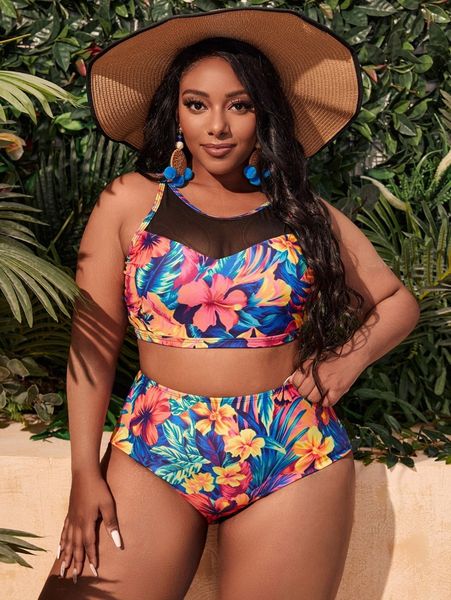 

plus floral print contrast mesh bikini swimsuit 37ve#, Black