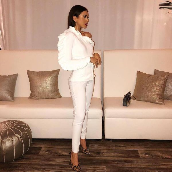 

full sleeve solid women and pants set ruffles off shoulder suit club 2 piece womens outfits women's two, White