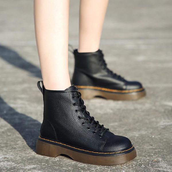 

boots shoes white ankle lace up flat heel luxury designer round toe boots-women low rock lolita ladies fashion med 2021 rubber, Black