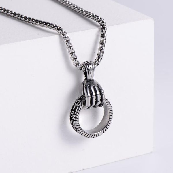 

punk style stainless steel chain skull hand circle pendant necklaces for men and women male fashion men's jewelry gift, Silver