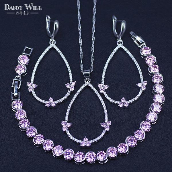 

wedding jewelry sets 925 sterling silver pink flower big pear white crystal cubic zirconia engagement bracelets, Slivery;golden