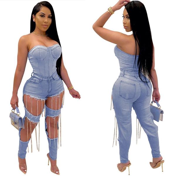 

women's jeans clothing, chain, hand-worn, denim trousers, nightclub clothes, Blue