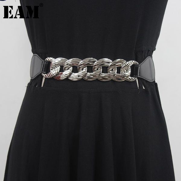 

[eam] pu leather metal chain split joint elastic belt personality women fashion tide all-match spring autumn 2021 1dd7978 belts, Black;brown