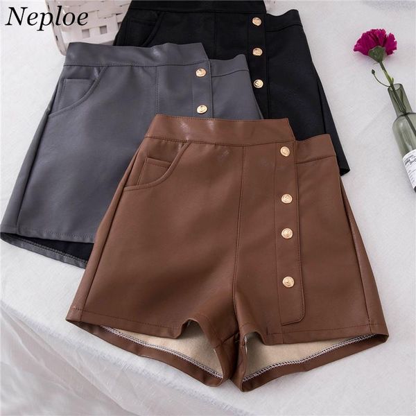 

women's shorts neploe pu leather buttons irregular solid a-line bottom 2021 spring autumn high waist zipper women short 69547, White;black