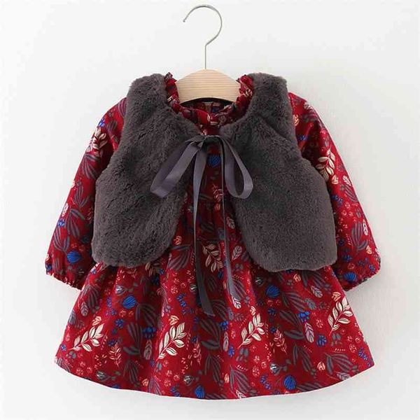 Kızlar Setleri Çocuk Giyim Sonbahar Ve Kış Kürk Yelek + Prenses Parti Çiçekler Kadife Elbise 2 adet Sıcak Bebek Çocuk Kız Giysileri 210625