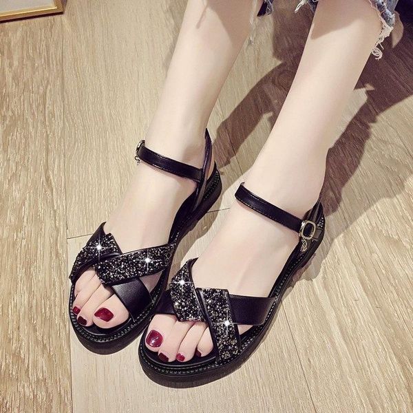 

sandals summer cross strap crystal women 2021 comfortable low heel open toe sandalias woman soft bottom casual shoes lady, Black