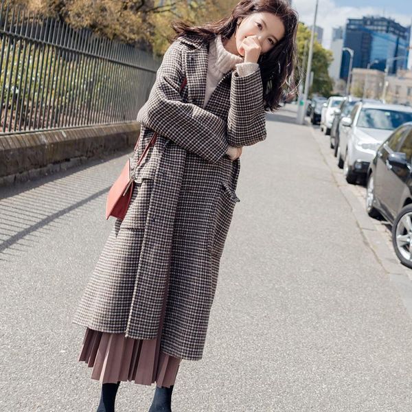 

women's wool & blends 2021 winter korean lapel long sleeve houndstooth stitching fashion thicken woolen coat, Black