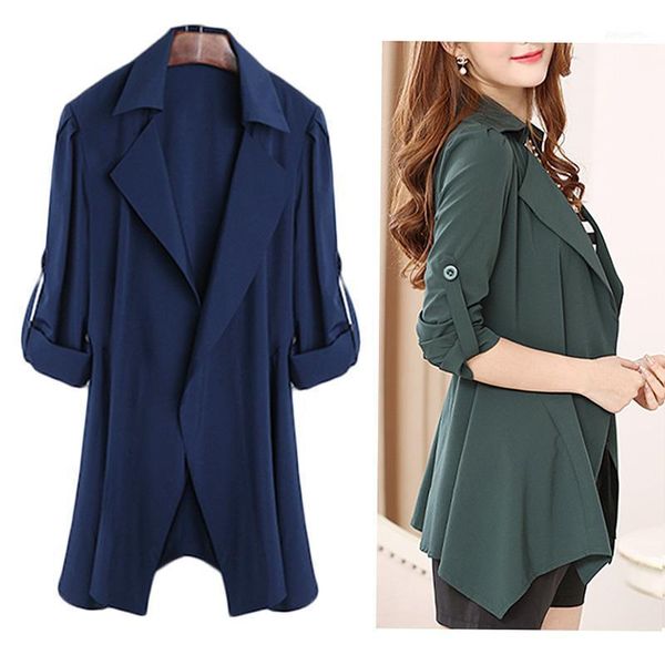 

spring autumn women's solid casual mid coat long sleeves waist lapel slim cardigan outdoor work suit jackets plus size l-5xl1, Tan;black