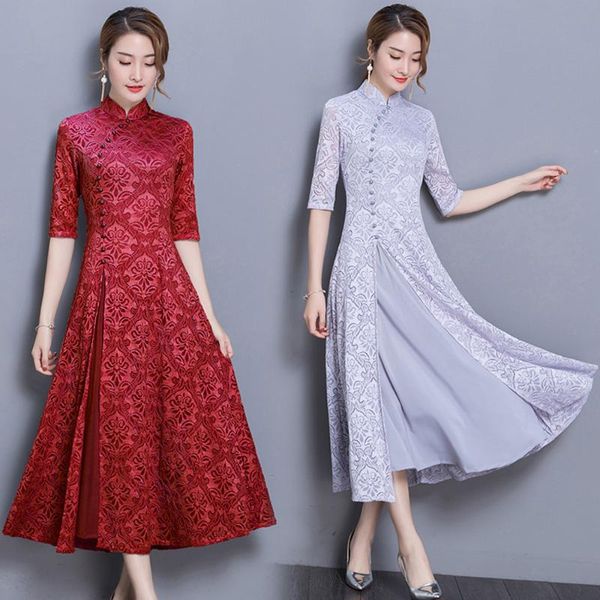 

2021spring summer modern cheongsam women ao dai lace qipao chinese dress long qi pao party vintage elegant ethnic clothing, Red