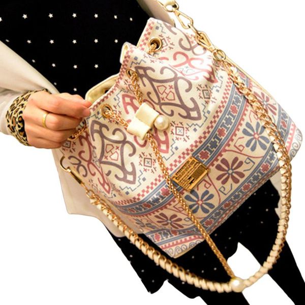 

storage bags women fashion printed single shoulder pearl pendant shopping casual daily gift pu leather street dating bucket bag