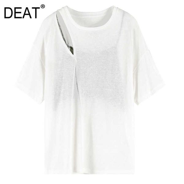 

[deat] summer fashion round neck solid color hollow out short sleeve loose personality women t-shirt 13c762 210527, White