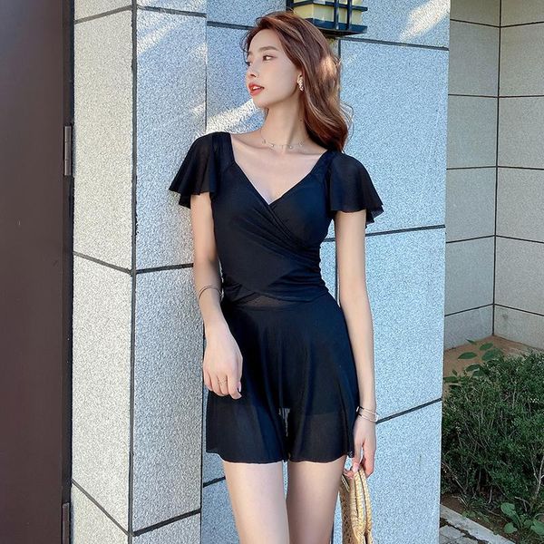 

one-piece suits beach bathing suit solid mesh swimwear women v-neck one piece cut out boyshort monokini skirted swimsuit