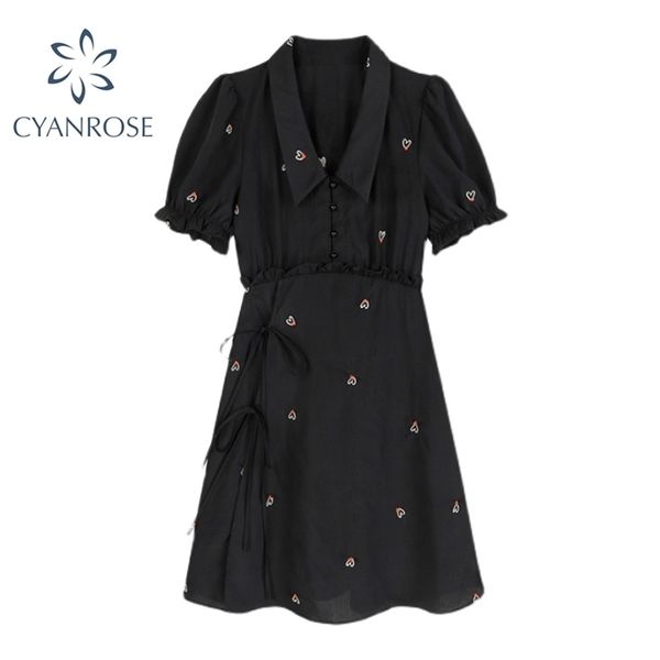 

gothic black high waist cartoon printing women causal mini dress summer v neck puff short sleeve preppy style female 210515, Black;gray