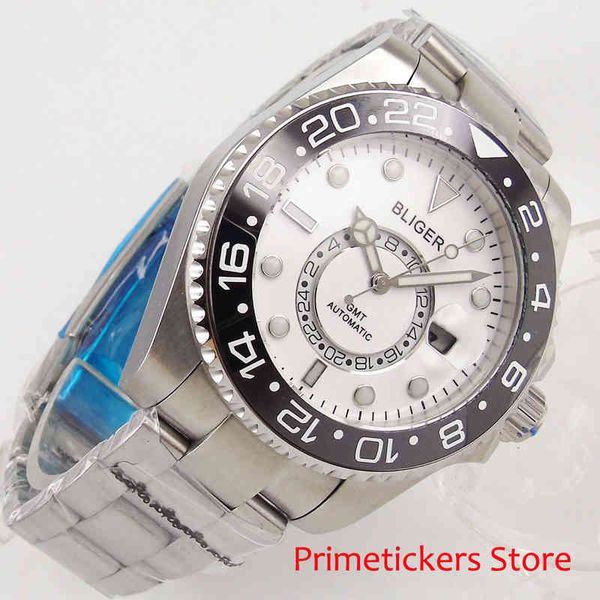 

iron plate black ceramic white cover 43 mm bliger gmt luminous marks sapphire crystal automatic movement gentlemen watch, Slivery;brown