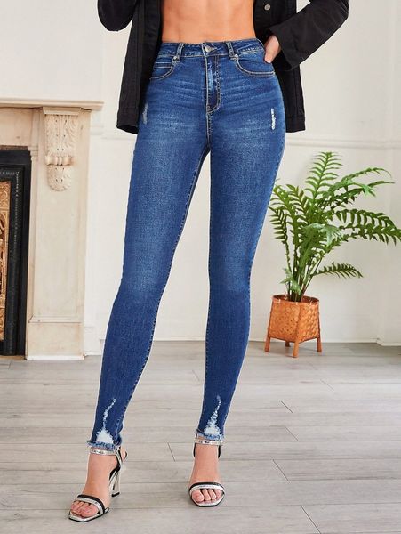 

tall ripped raw hem skinny jeans x31u#, Blue