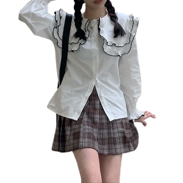 

women preppy style loose ruffled double peter pan collar princess sleeves solid color shirt cute ladies b3059 210514, White