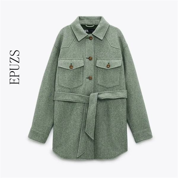 

za women winter jacket with belt loose woolen jacket vintage long sleeve coat female green thick overcoat 211215, Black;brown