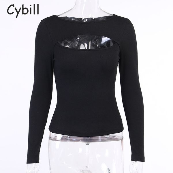 

cybill ribbed knitting hollow out women white casual long sleeve t shirt black o neck autumn winter skinny tee lady clothing